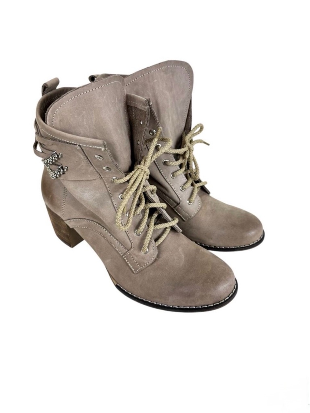 Zapato Light Tan Lace‎ Up Heeled Italian Leather Ankle Boots Chain Straps 8.5 39